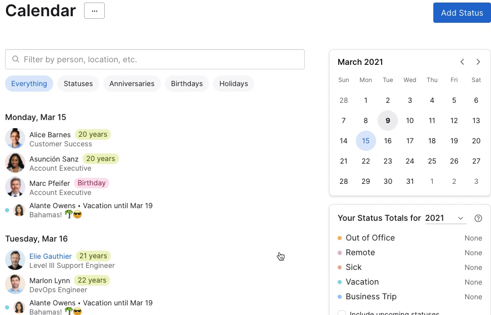 editing a status from the calendar page in Pingboard
