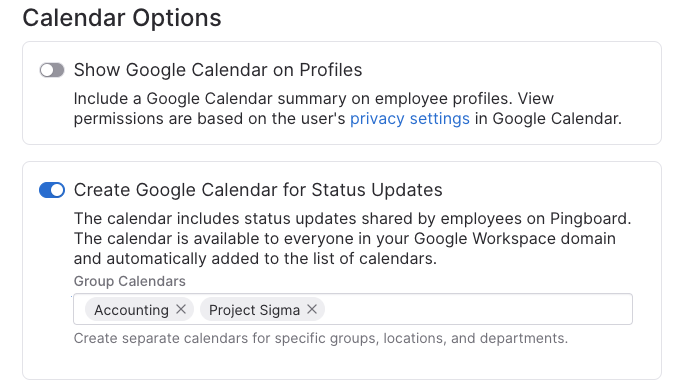 Google Calendar settings in Pingboard